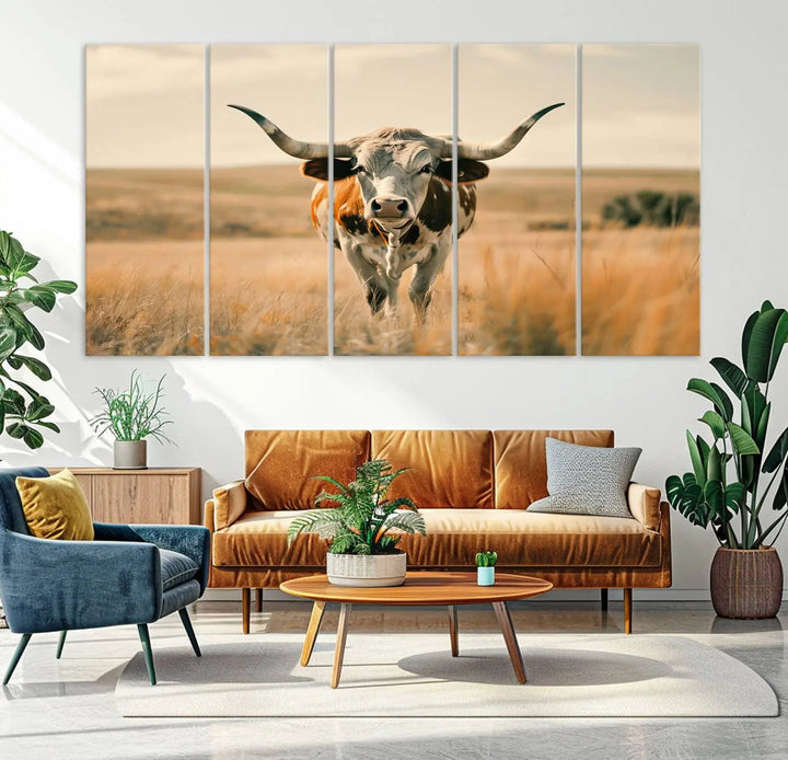 The Texas Cow Wall Art Canvas Print enhances the space with its depiction of a Texas cow in a field, adding charm to the area.