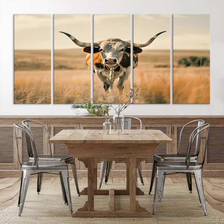 The Texas Cow Wall Art Canvas Print enhances the space with its depiction of a Texas cow in a field, adding charm to the area.