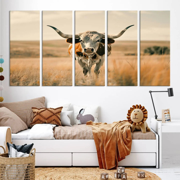 The Texas Cow Wall Art Canvas Print enhances the space with its depiction of a Texas cow in a field, adding charm to the area.