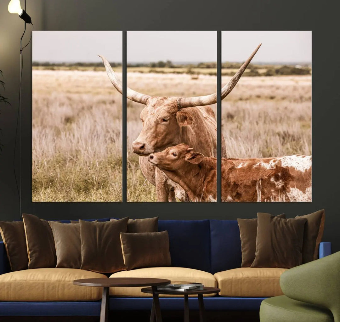 The Texas Longhorn Cow Canvas Print enhances the space with its unique and rustic charm.