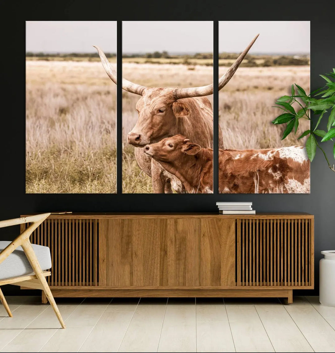 The Texas Longhorn Cow Canvas Print enhances the space with its unique and rustic charm.