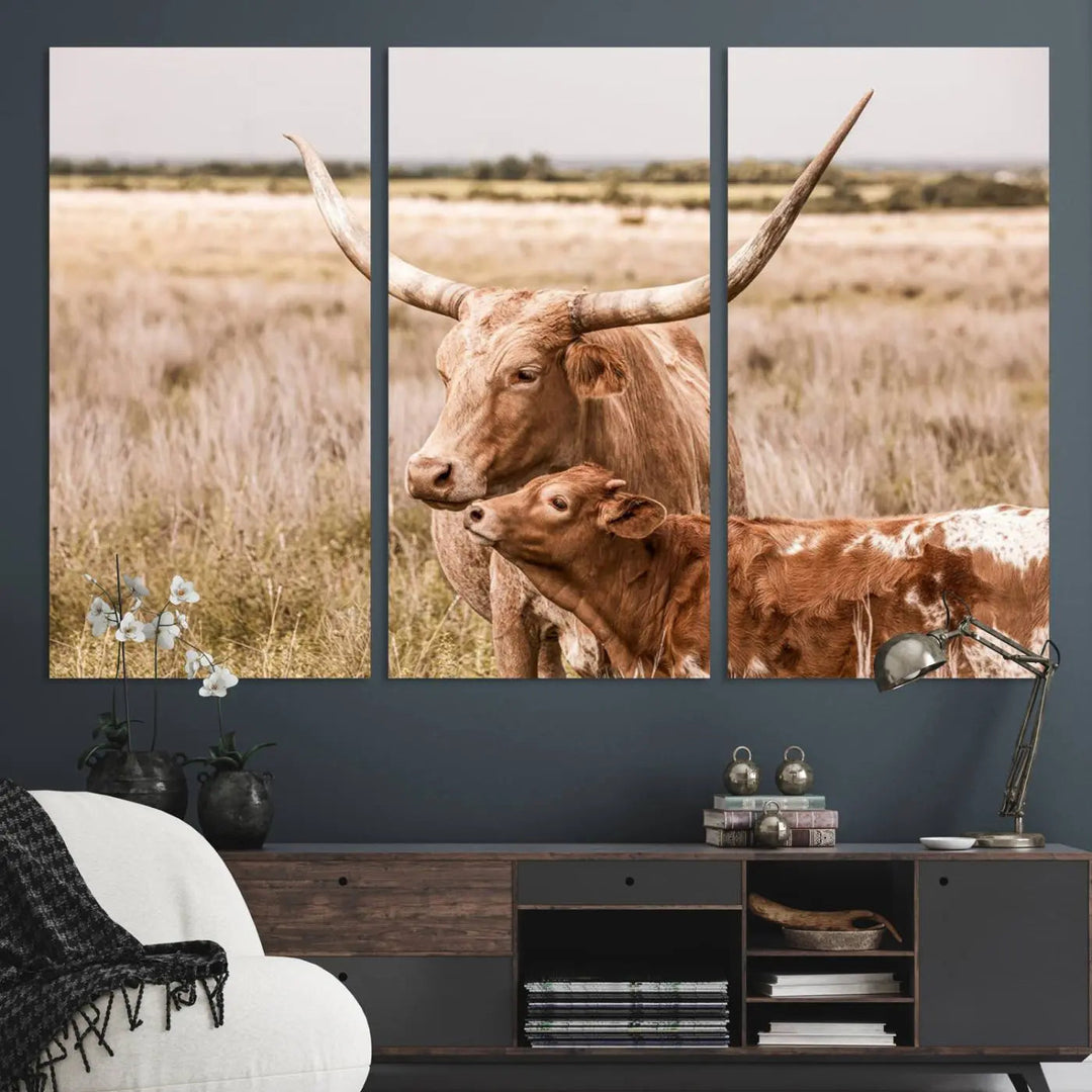 The Texas Longhorn Cow Canvas Print enhances the space with its unique and rustic charm.