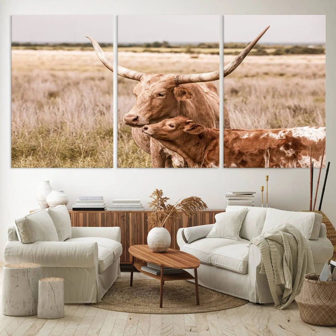 The Texas Longhorn Cow Canvas Print enhances the space with its unique and rustic charm.