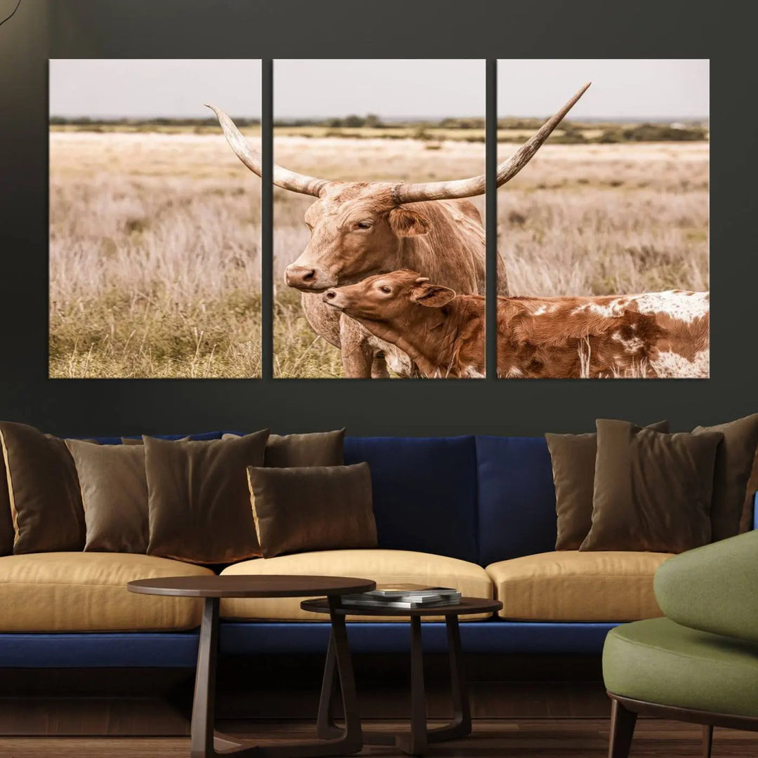 The Texas Longhorn Cow Canvas Print enhances the space with its unique and rustic charm.