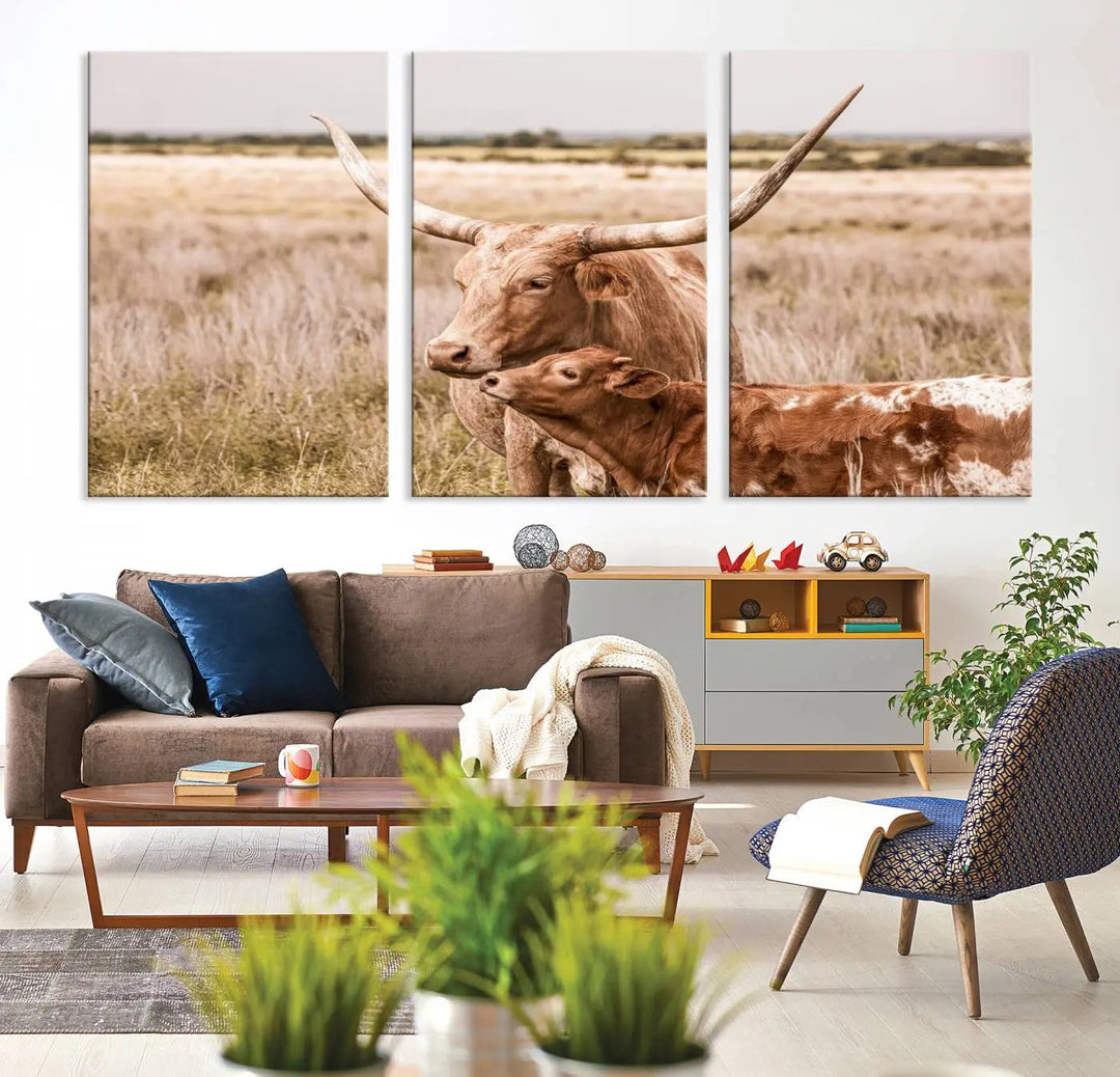 The Texas Longhorn Cow Canvas Print enhances the space with its unique and rustic charm.