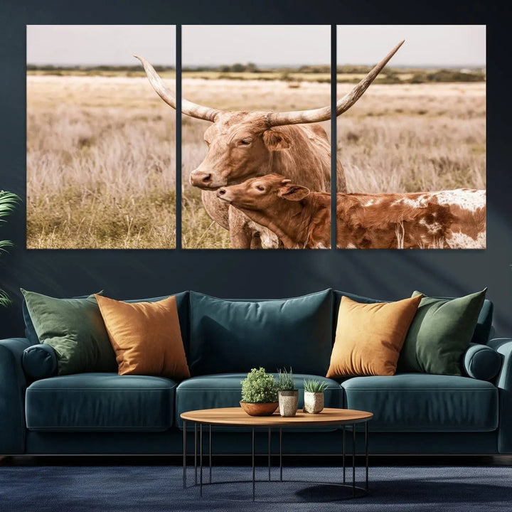 The Texas Longhorn Cow Canvas Print enhances the space with its unique and rustic charm.