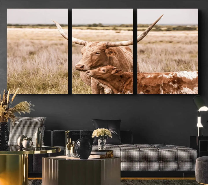 The Texas Longhorn Cow Canvas Print enhances the space with its unique and rustic charm.