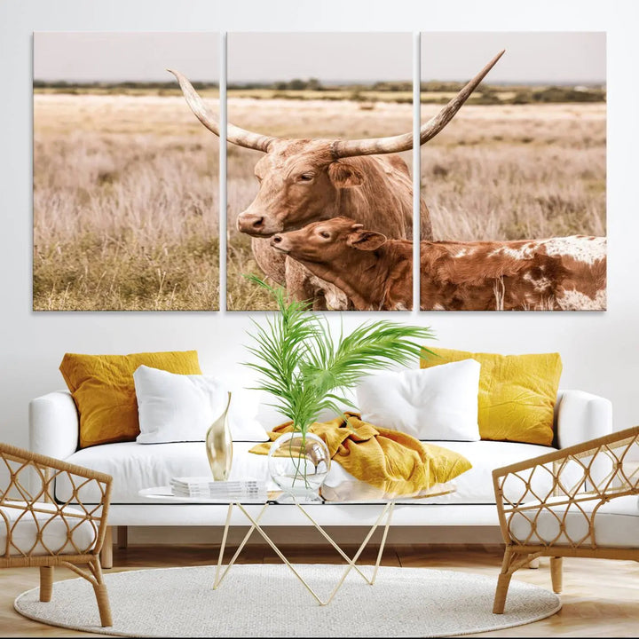 The Texas Longhorn Cow Canvas Print enhances the space with its unique and rustic charm.