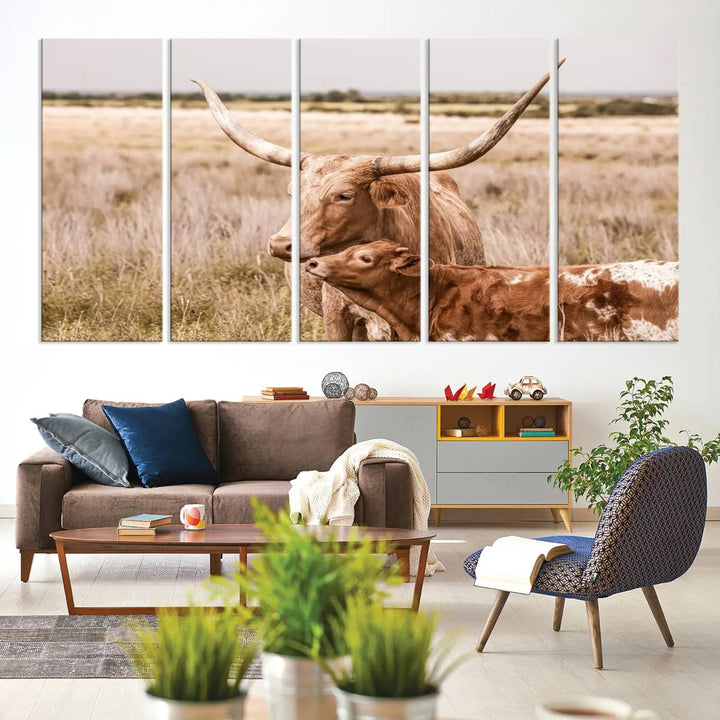 The Texas Longhorn Cow Canvas Print enhances the space with its unique and rustic charm.