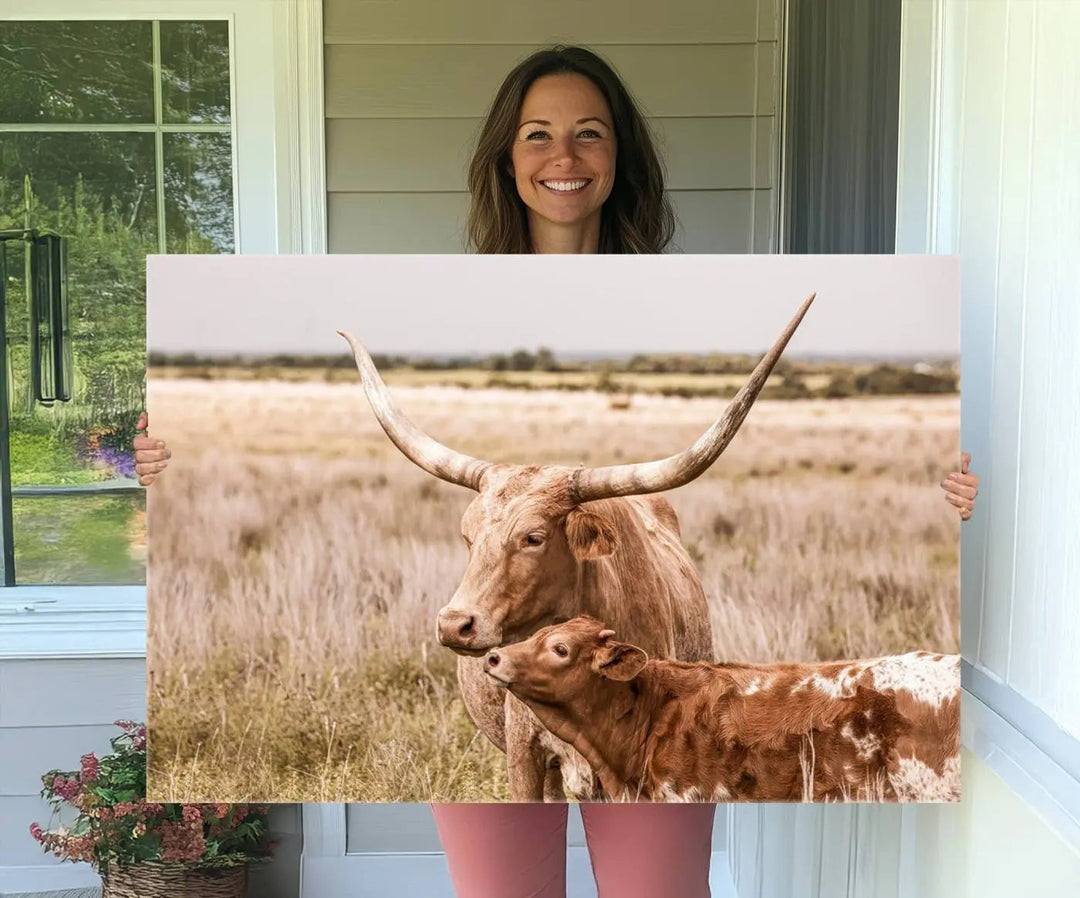 The Texas Longhorn Cow Canvas Print enhances the space with its unique and rustic charm.