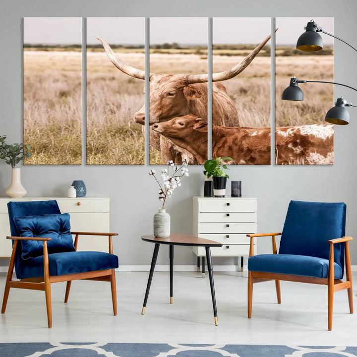 The Texas Longhorn Cow Canvas Print enhances the space with its unique and rustic charm.