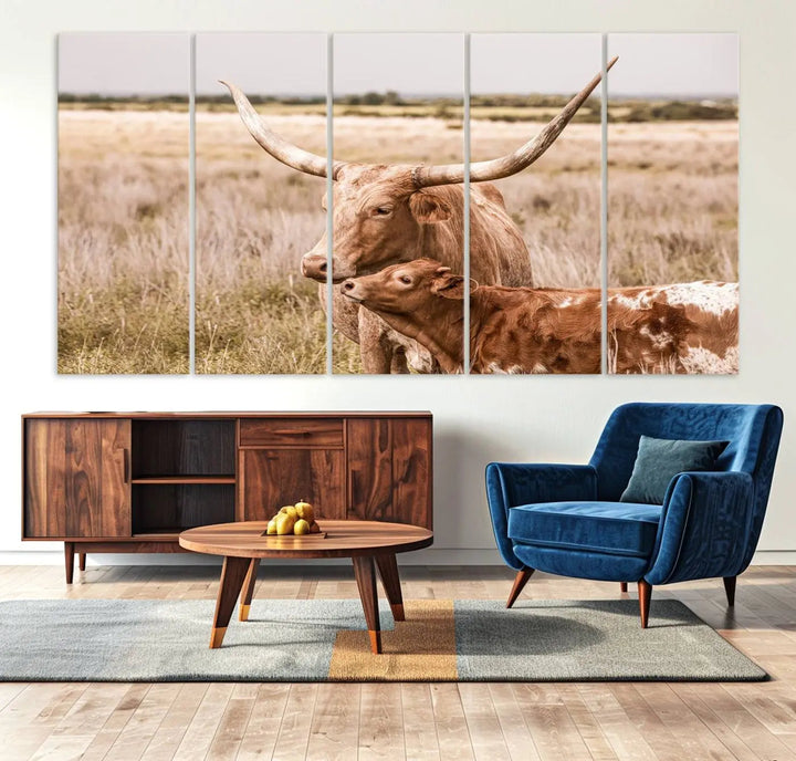 The Texas Longhorn Cow Canvas Print enhances the space with its unique and rustic charm.