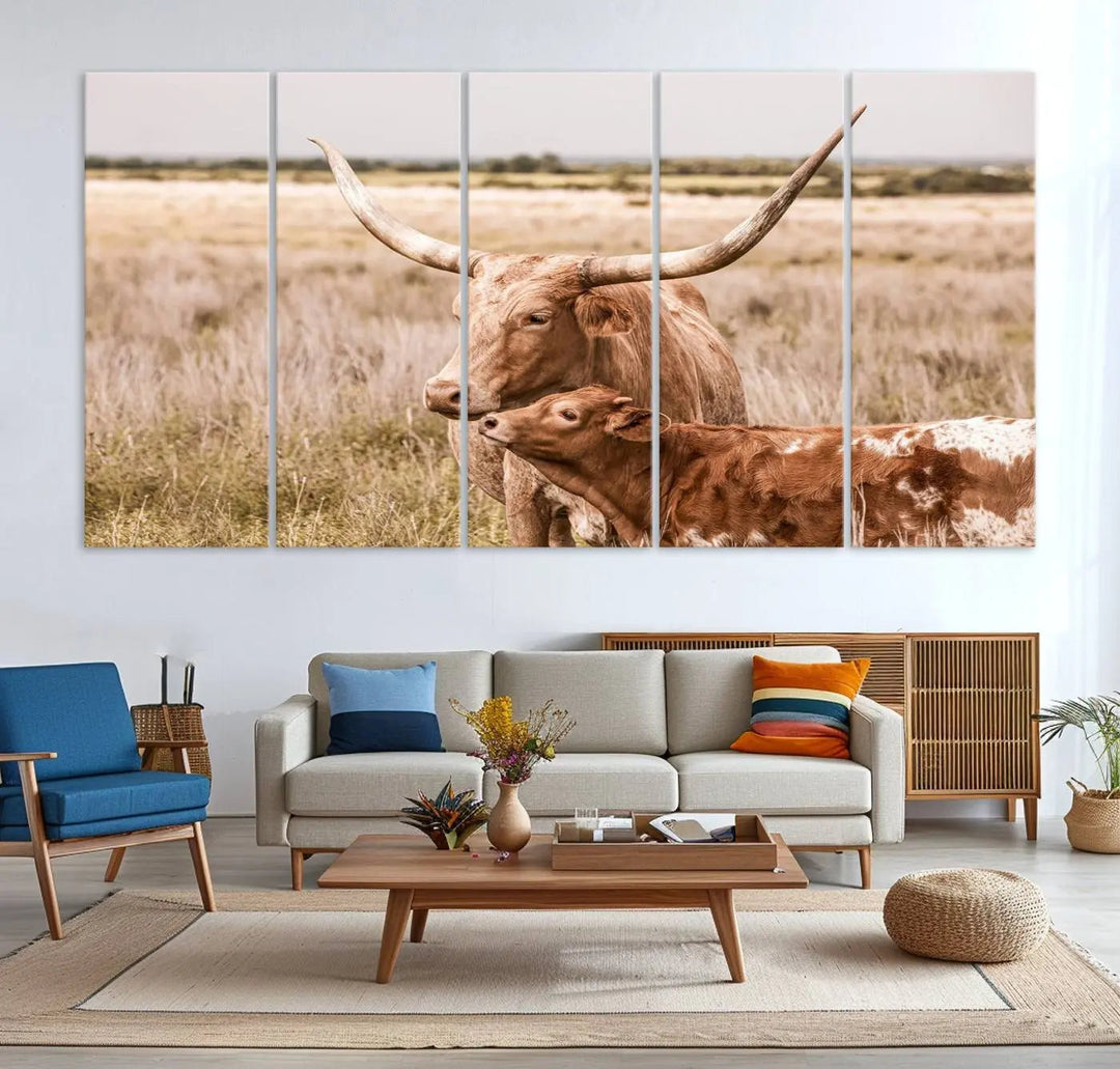 The Texas Longhorn Cow Canvas Print enhances the space with its unique and rustic charm.