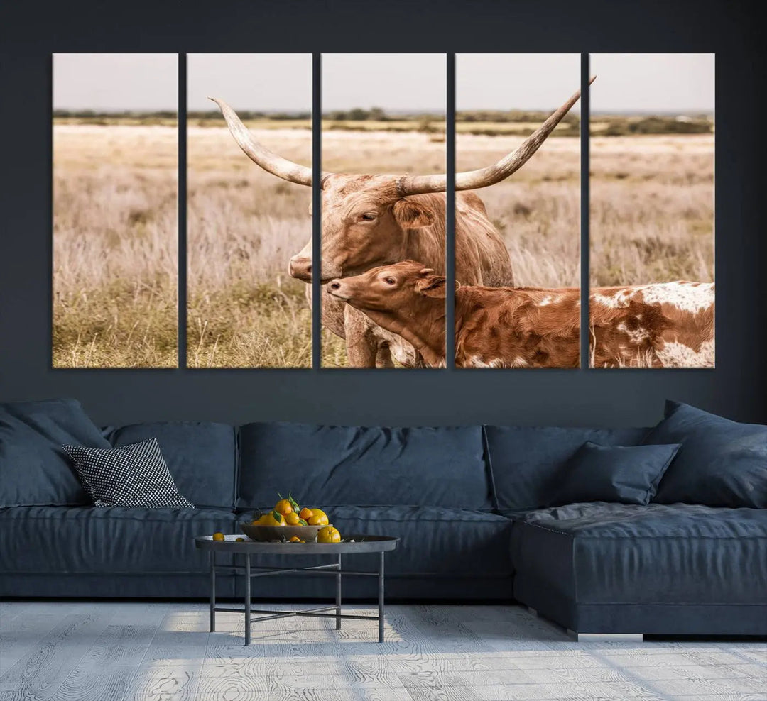 The Texas Longhorn Cow Canvas Print enhances the space with its unique and rustic charm.