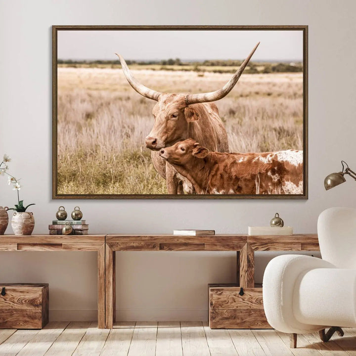 The Texas Longhorn Cow Canvas Print enhances the space with its unique and rustic charm.