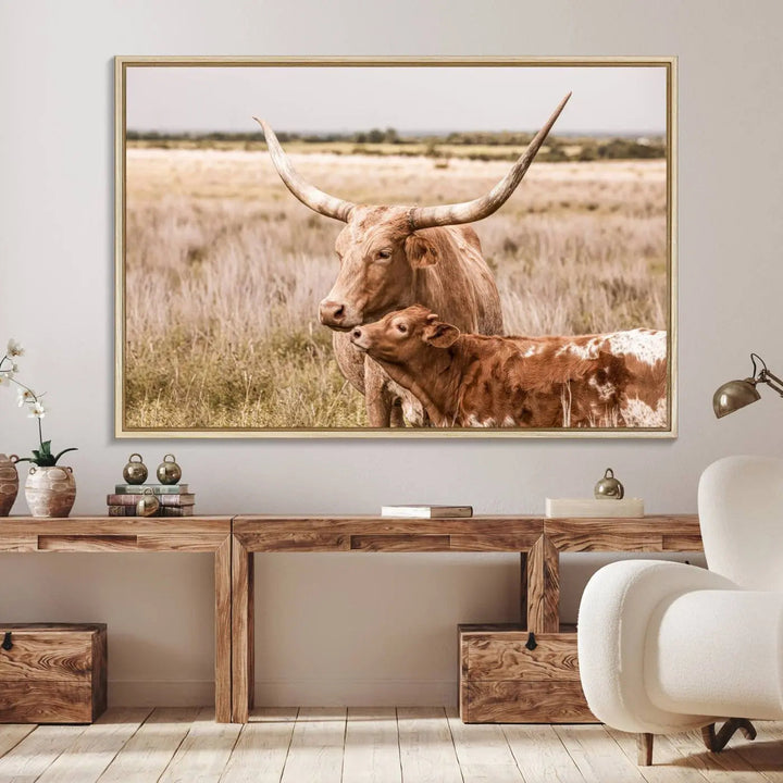 The Texas Longhorn Cow Canvas Print enhances the space with its unique and rustic charm.