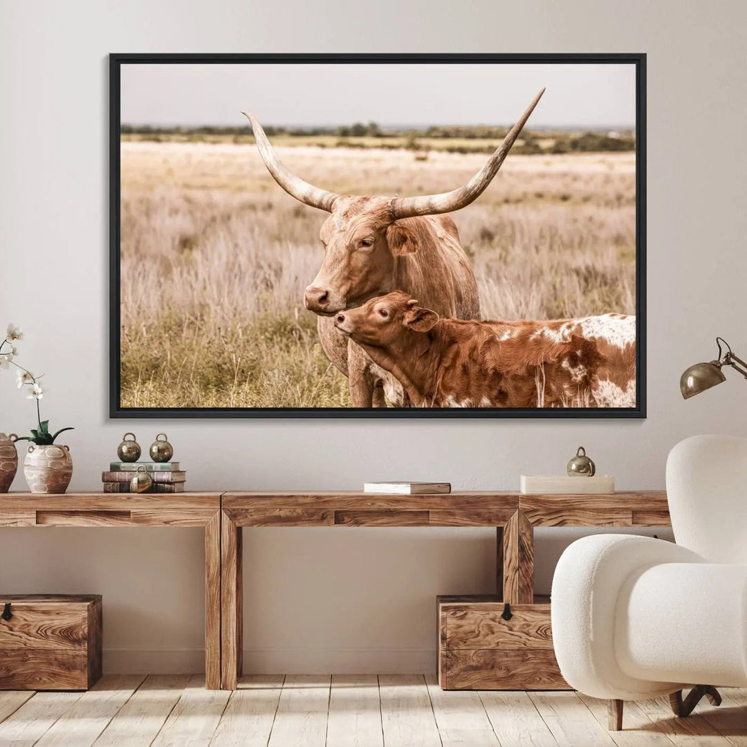 The Texas Longhorn Cow Canvas Print enhances the space with its unique and rustic charm.