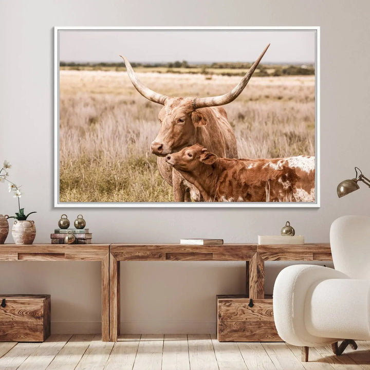 The Texas Longhorn Cow Canvas Print enhances the space with its unique and rustic charm.