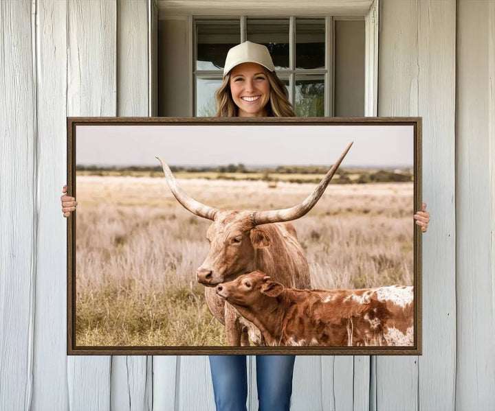 The Texas Longhorn Cow Canvas Print enhances the space with its unique and rustic charm.