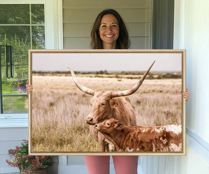 The Texas Longhorn Cow Canvas Print enhances the space with its unique and rustic charm.