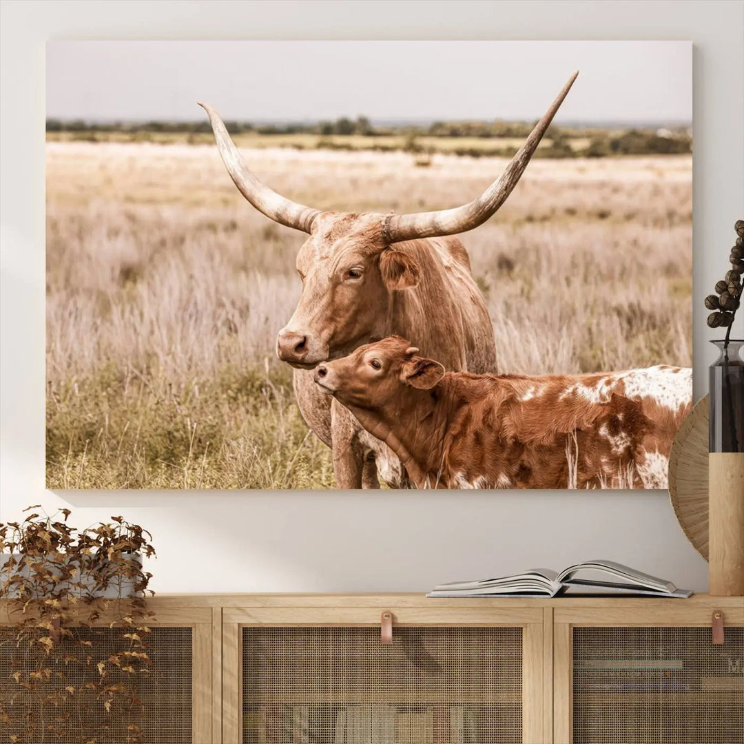 The Texas Longhorn Cow Canvas Print enhances the space with its unique and rustic charm.