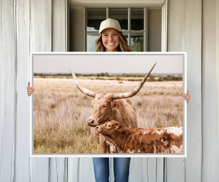 The Texas Longhorn Cow Canvas Print enhances the space with its unique and rustic charm.