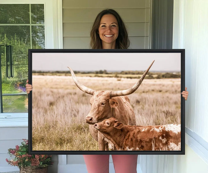 The Texas Longhorn Cow Canvas Print enhances the space with its unique and rustic charm.