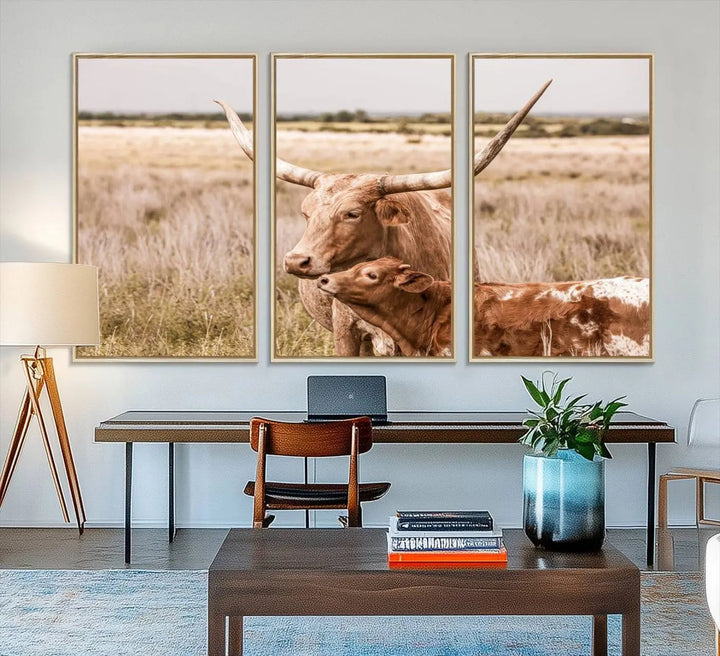 The Texas Longhorn Cow Canvas Print enhances the space with its unique and rustic charm.