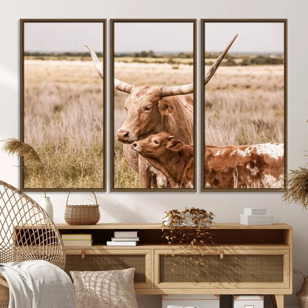 The Texas Longhorn Cow Canvas Print enhances the space with its unique and rustic charm.