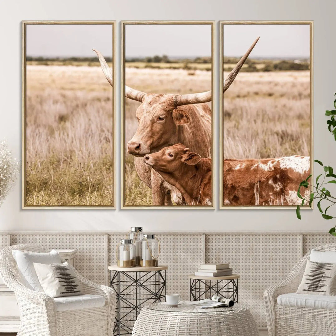 The Texas Longhorn Cow Canvas Print enhances the space with its unique and rustic charm.