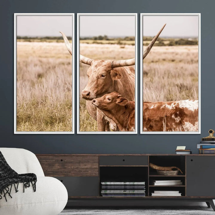 The Texas Longhorn Cow Canvas Print enhances the space with its unique and rustic charm.