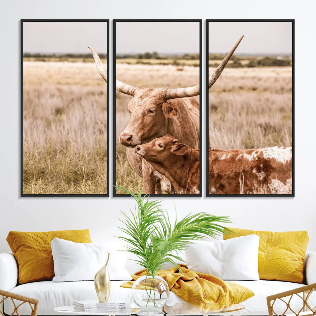 The Texas Longhorn Cow Canvas Print enhances the space with its unique and rustic charm.