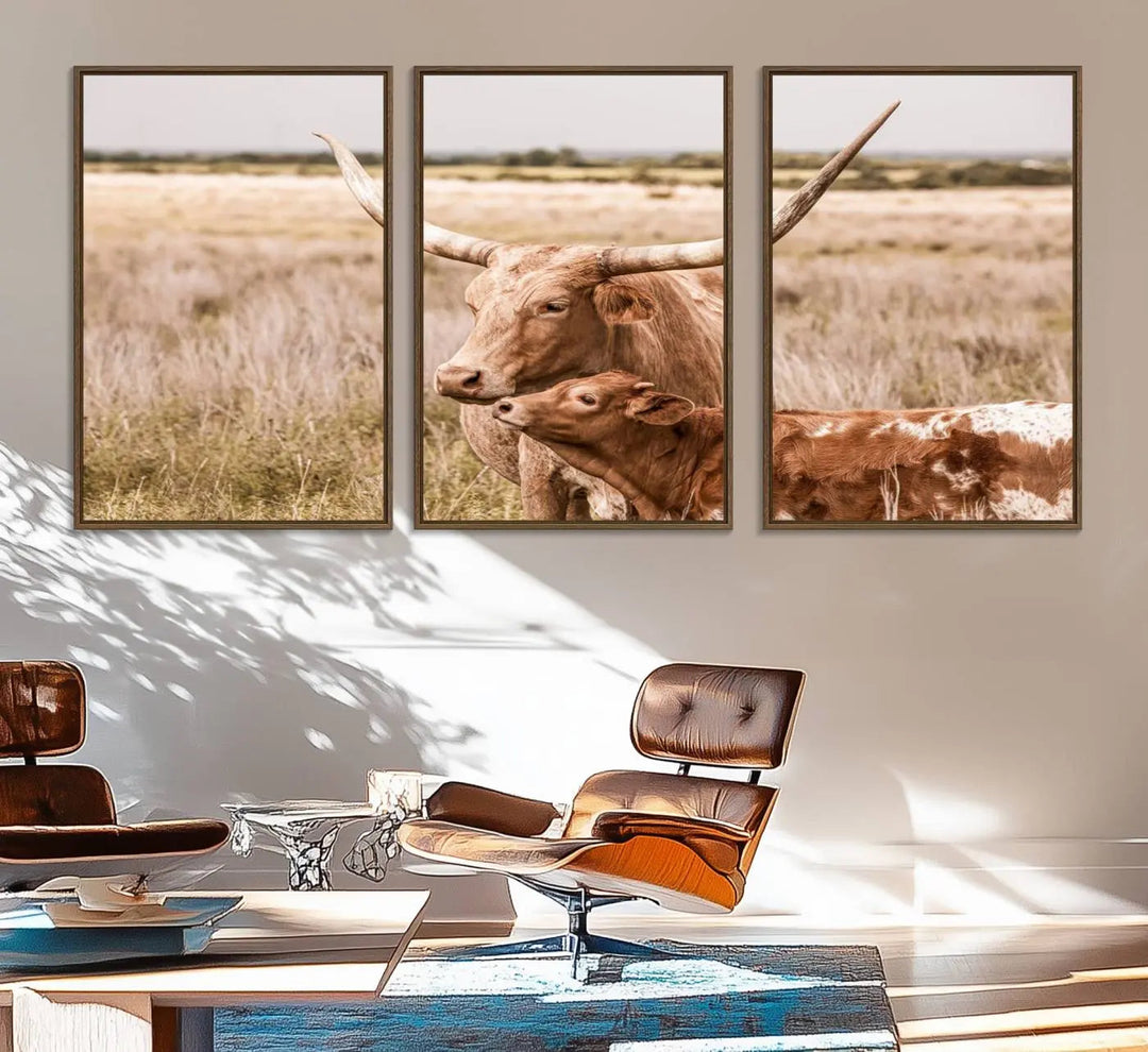 The Texas Longhorn Cow Canvas Print enhances the space with its unique and rustic charm.