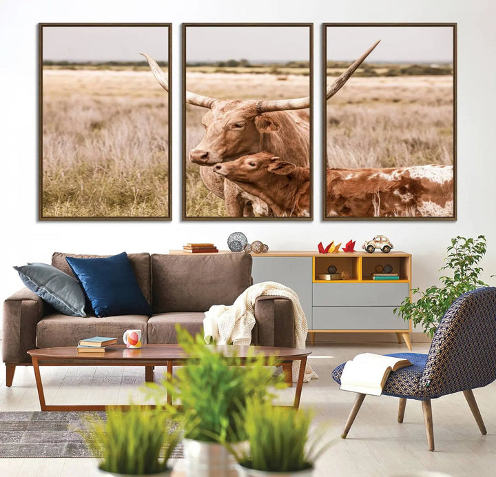 The Texas Longhorn Cow Canvas Print enhances the space with its unique and rustic charm.