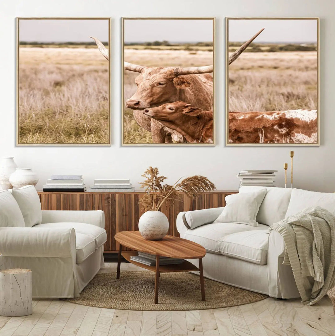 The Texas Longhorn Cow Canvas Print enhances the space with its unique and rustic charm.