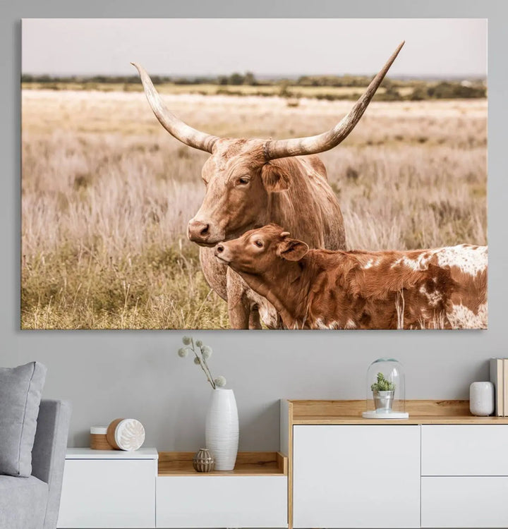 The Texas Longhorn Cow Canvas Print enhances the space with its unique and rustic charm.