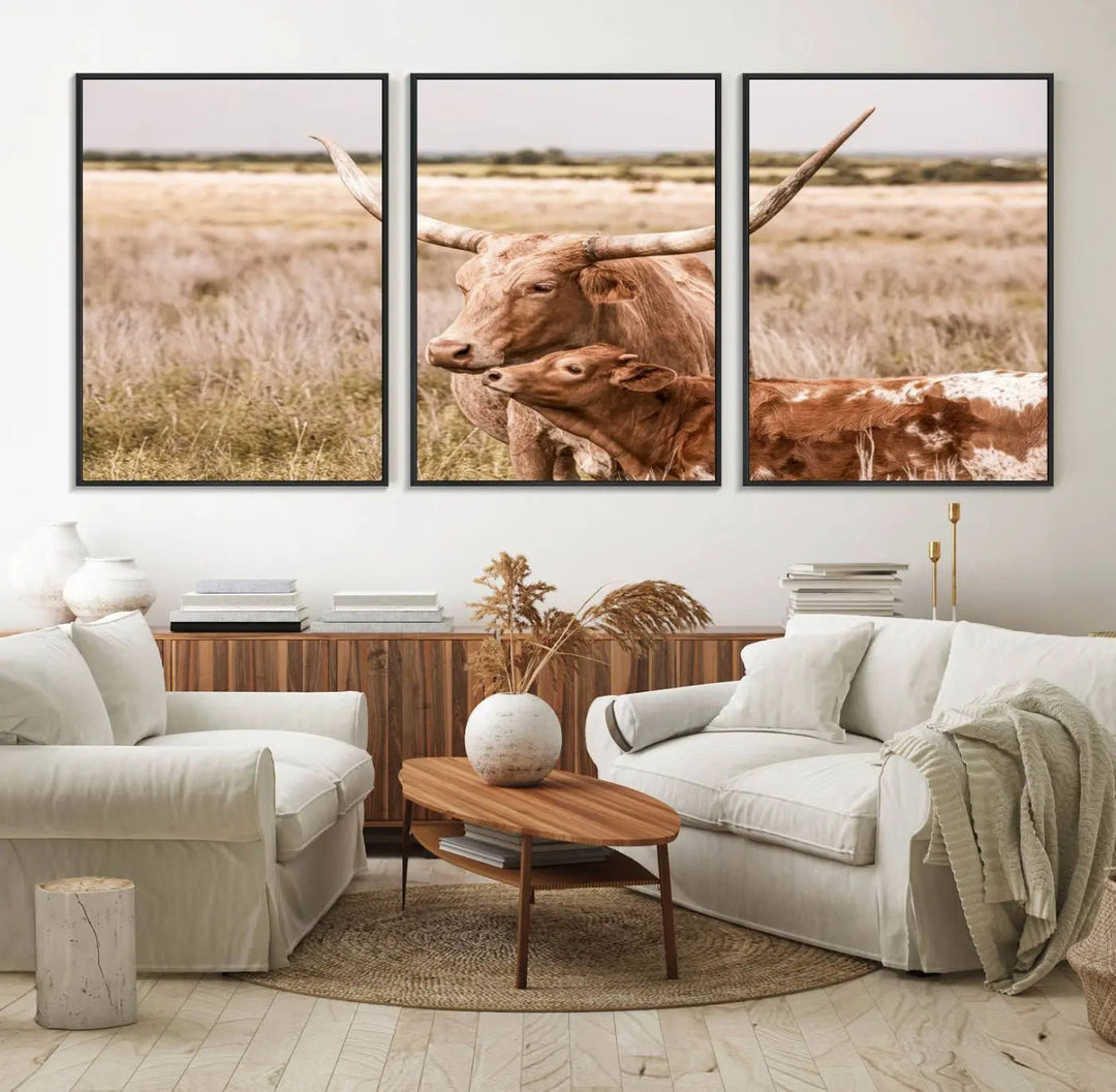 The Texas Longhorn Cow Canvas Print enhances the space with its unique and rustic charm.