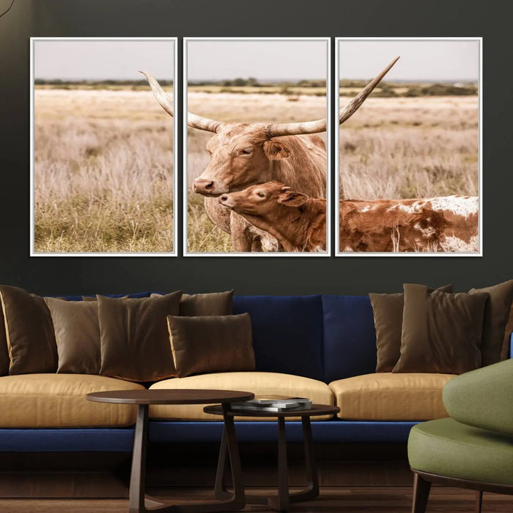 The Texas Longhorn Cow Canvas Print enhances the space with its unique and rustic charm.