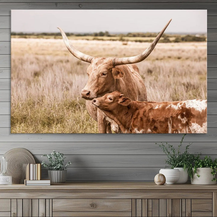 The Texas Longhorn Cow Canvas Print enhances the space with its unique and rustic charm.