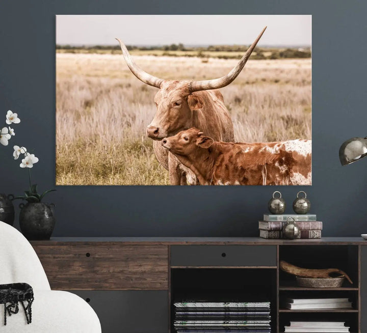 The Texas Longhorn Cow Canvas Print enhances the space with its unique and rustic charm.