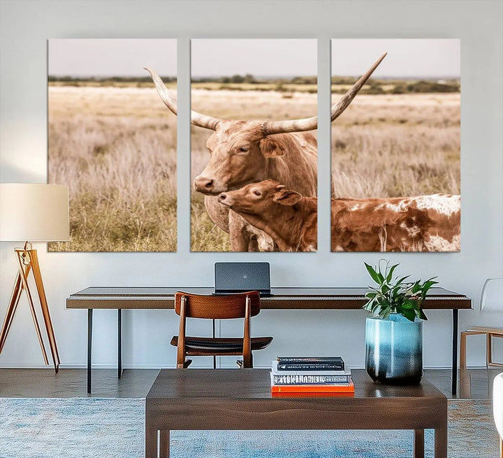 The Texas Longhorn Cow Canvas Print enhances the space with its unique and rustic charm.