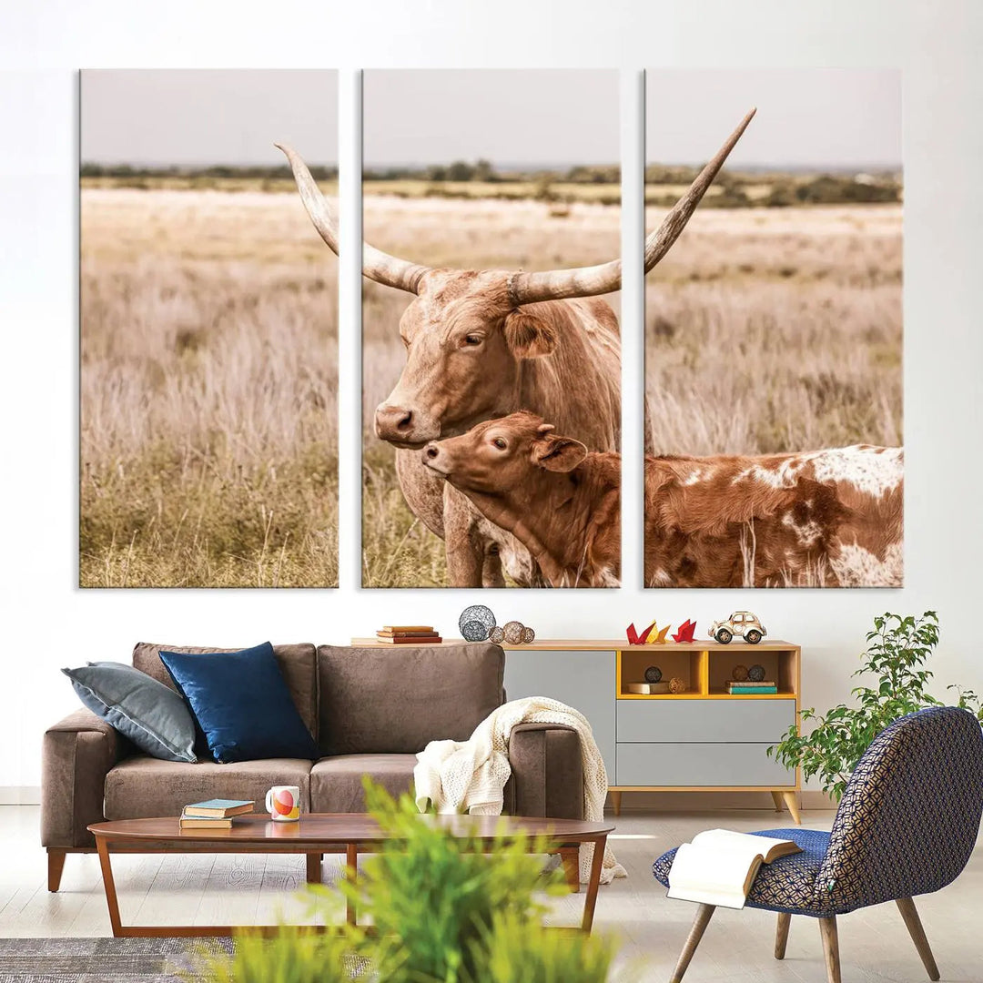 The Texas Longhorn Cow Canvas Print enhances the space with its unique and rustic charm.