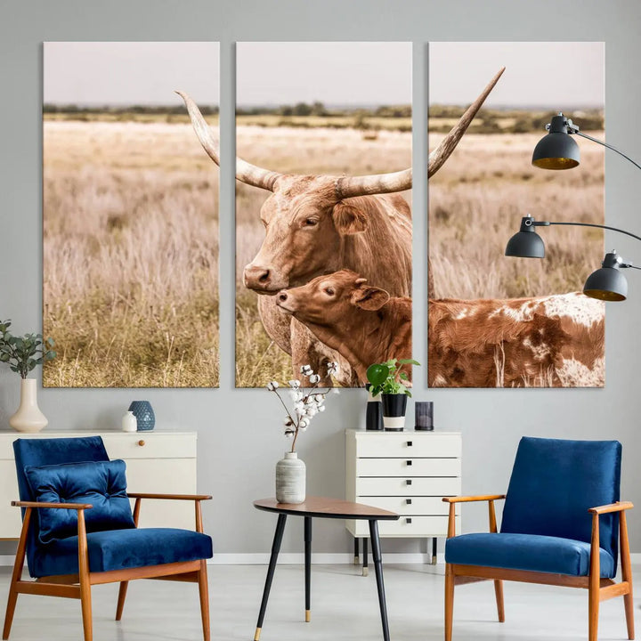 The Texas Longhorn Cow Canvas Print enhances the space with its unique and rustic charm.