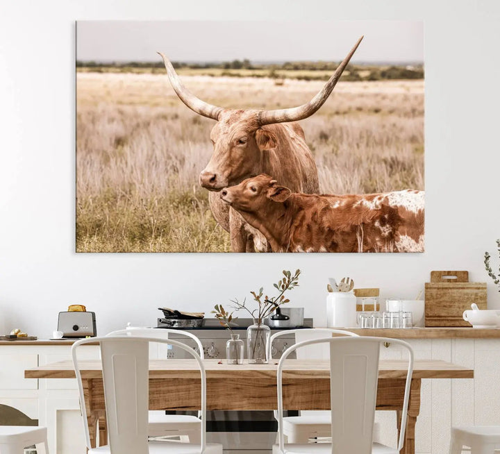 The Texas Longhorn Cow Canvas Print enhances the space with its unique and rustic charm.