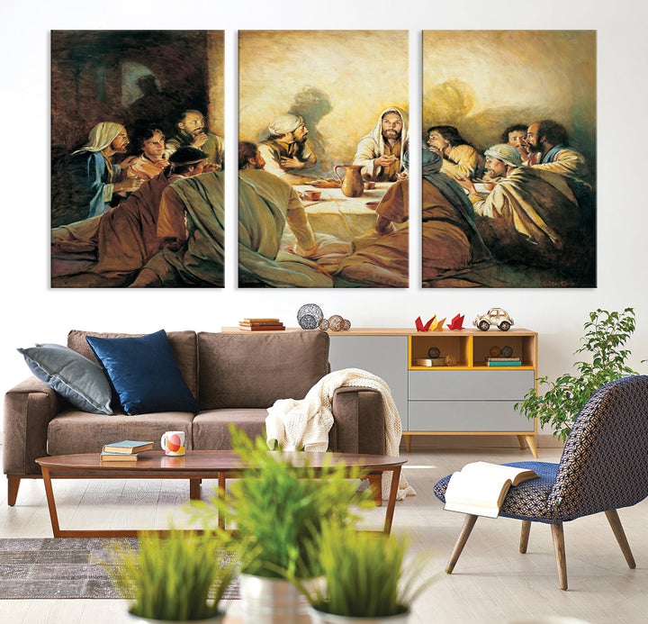 A cozy living room showcases a three-panel canvas titled "The Last Supper Canvas Wall Art – Sacred Religious Masterpiece," depicting people gathered at a table reminiscent of the Last Supper.