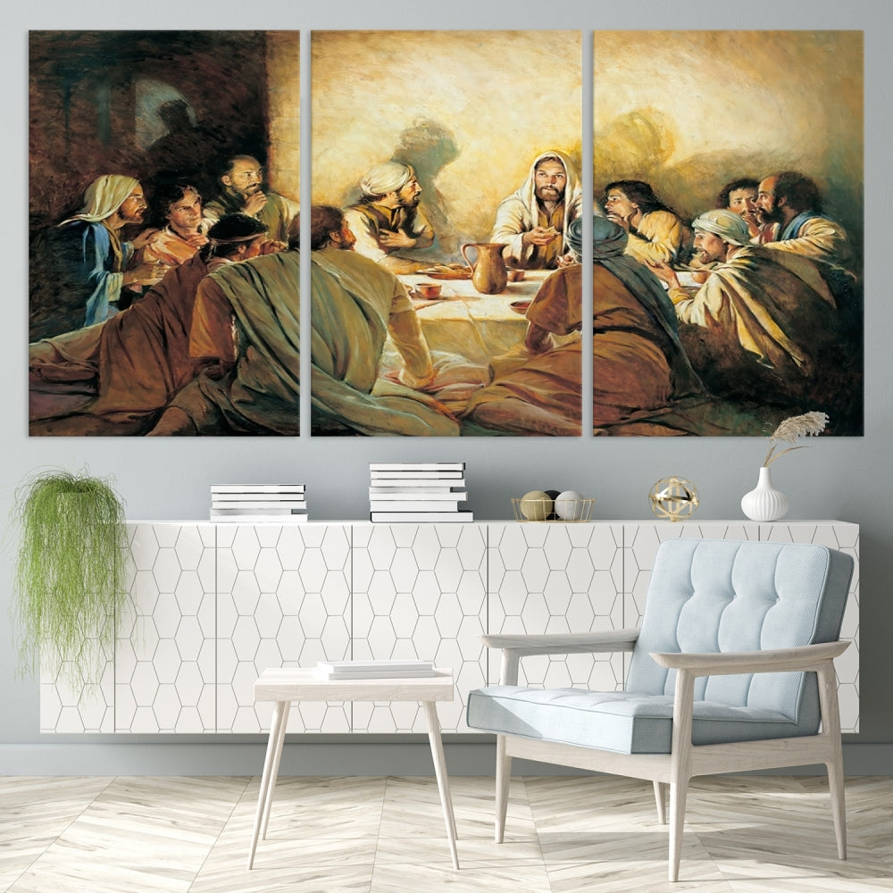 A cozy living room showcases a three-panel canvas titled "The Last Supper Canvas Wall Art – Sacred Religious Masterpiece," depicting people gathered at a table reminiscent of the Last Supper.