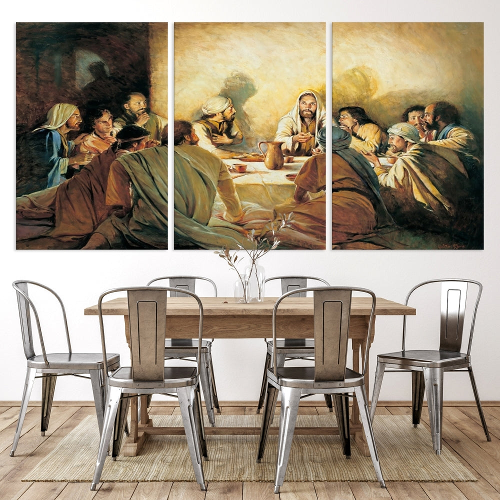 A cozy living room showcases a three-panel canvas titled "The Last Supper Canvas Wall Art – Sacred Religious Masterpiece," depicting people gathered at a table reminiscent of the Last Supper.