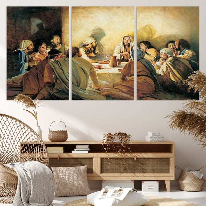 A cozy living room showcases a three-panel canvas titled "The Last Supper Canvas Wall Art – Sacred Religious Masterpiece," depicting people gathered at a table reminiscent of the Last Supper.