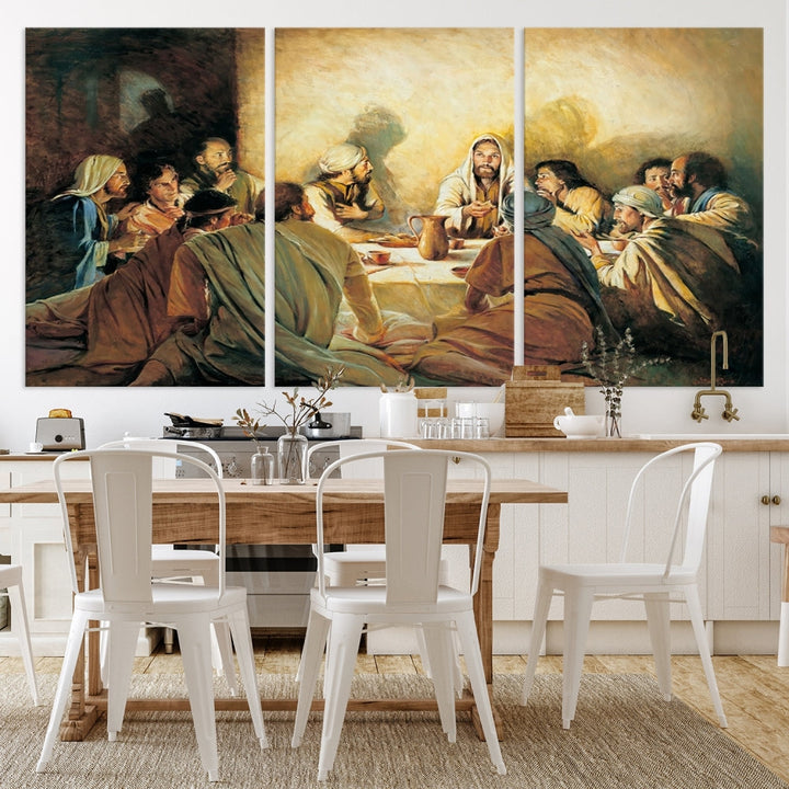 A cozy living room showcases a three-panel canvas titled "The Last Supper Canvas Wall Art – Sacred Religious Masterpiece," depicting people gathered at a table reminiscent of the Last Supper.