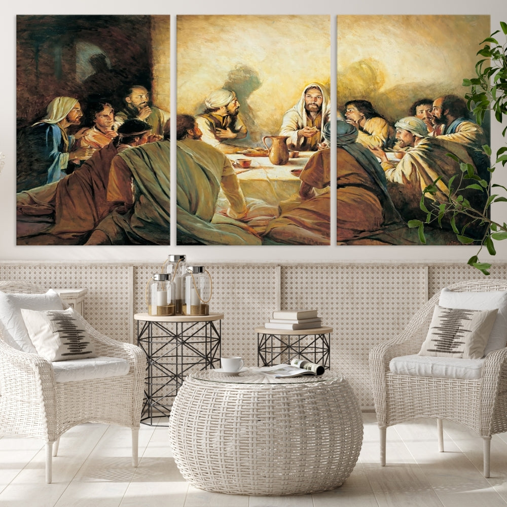 A cozy living room showcases a three-panel canvas titled "The Last Supper Canvas Wall Art – Sacred Religious Masterpiece," depicting people gathered at a table reminiscent of the Last Supper.